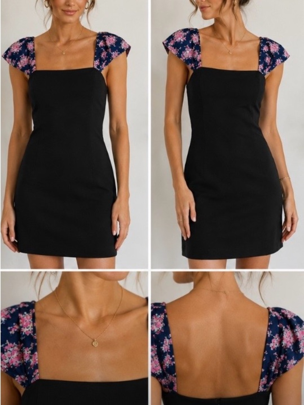 Pencey Revolve Black Mini Dress Silk Floral Strap Detail Size 6